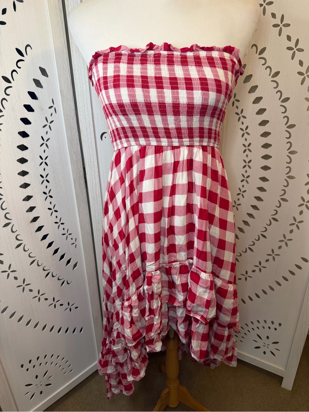 Red and White Gingham Strapless Dress